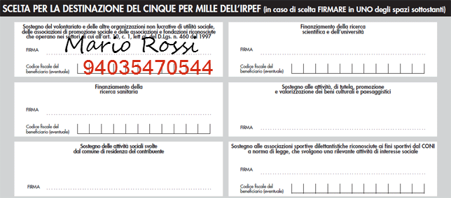 Fac simile area 5XMille dichiarazione dei redditi